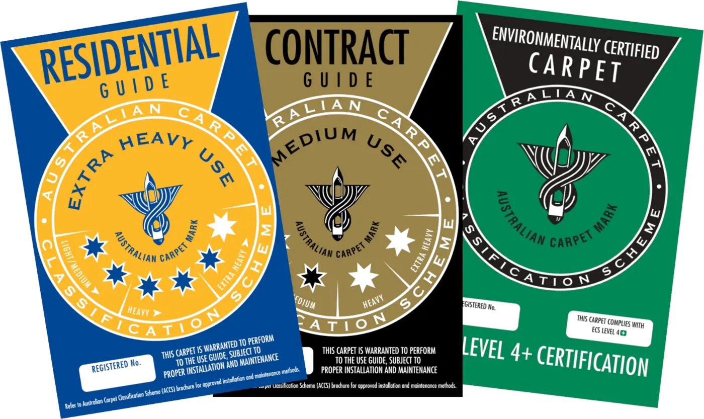 ACCS certification badges showing Environmental Certification (ECS), Residential Guide for Extra Heavy Use, and Contract Guide for Medium Use