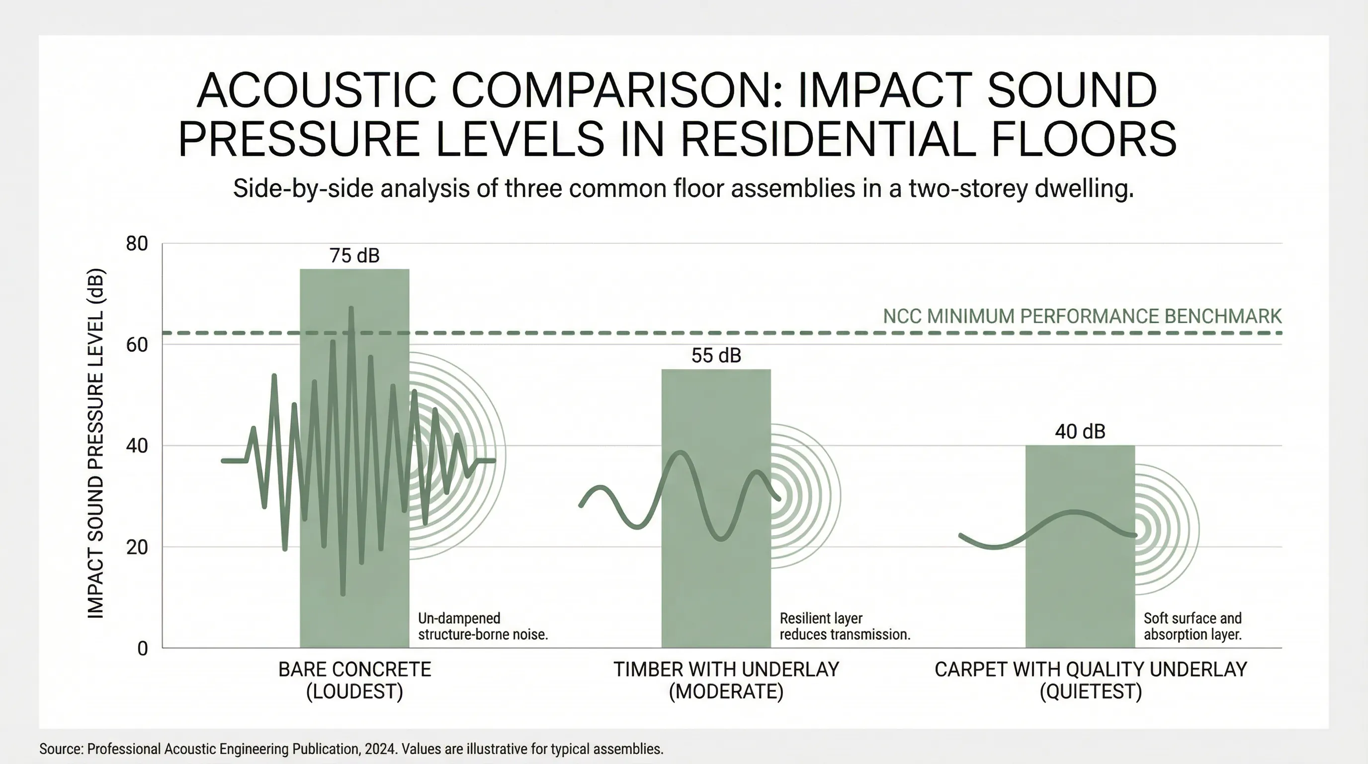 Side-by-side acoustic comparison showing impact sound pressure levels (dB) for bare concrete, timber + underlay, and carpet + underlay in a typical two-storey residential assembly — with NCC minimum p