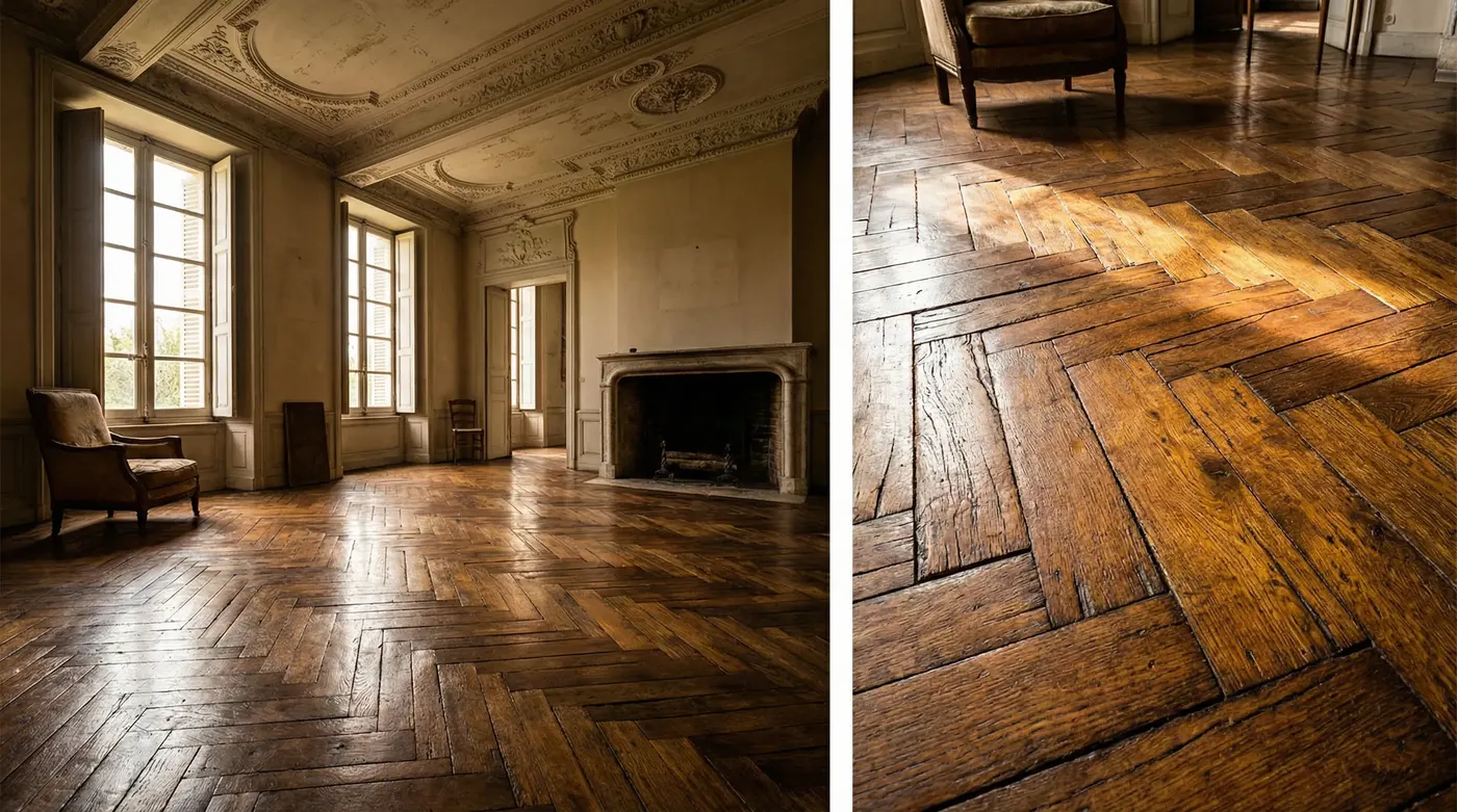 Close-up of a restored seventeenth-century French château floor showing original herringbone oak parquetry — aged, worn, and deeply characterful