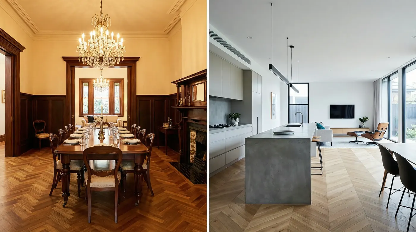 Side-by-side rooms — left: rich herringbone European Oak in a formally furnished Melbourne dining room with period architraves and wainscoting; right: clean chevron European Oak in a contemporary open