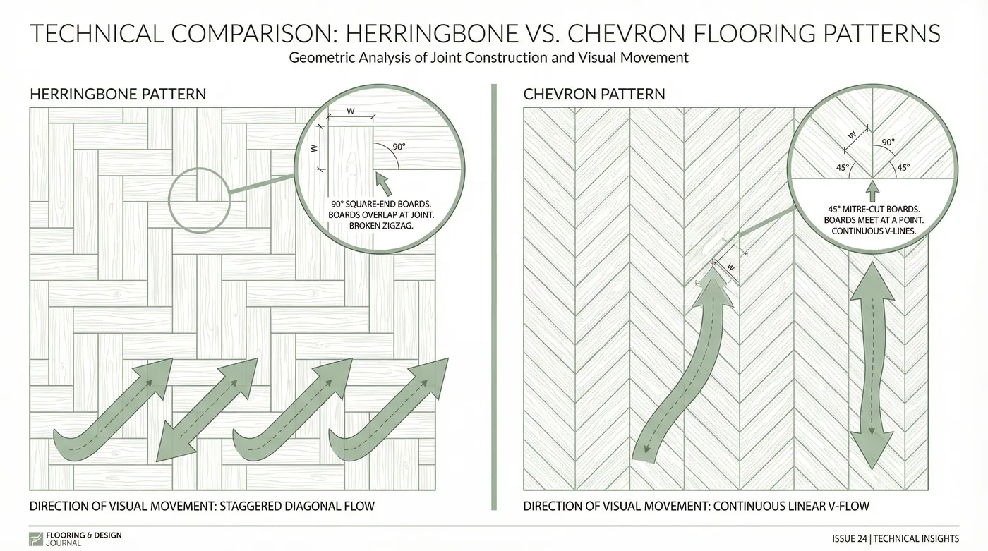 Plan-view technical diagram showing herringbone (90° square-end boards, broken zigzag) vs chevron (45° mitre-cut boards, continuous V) — with annotated labels indicating the precise geometric differen