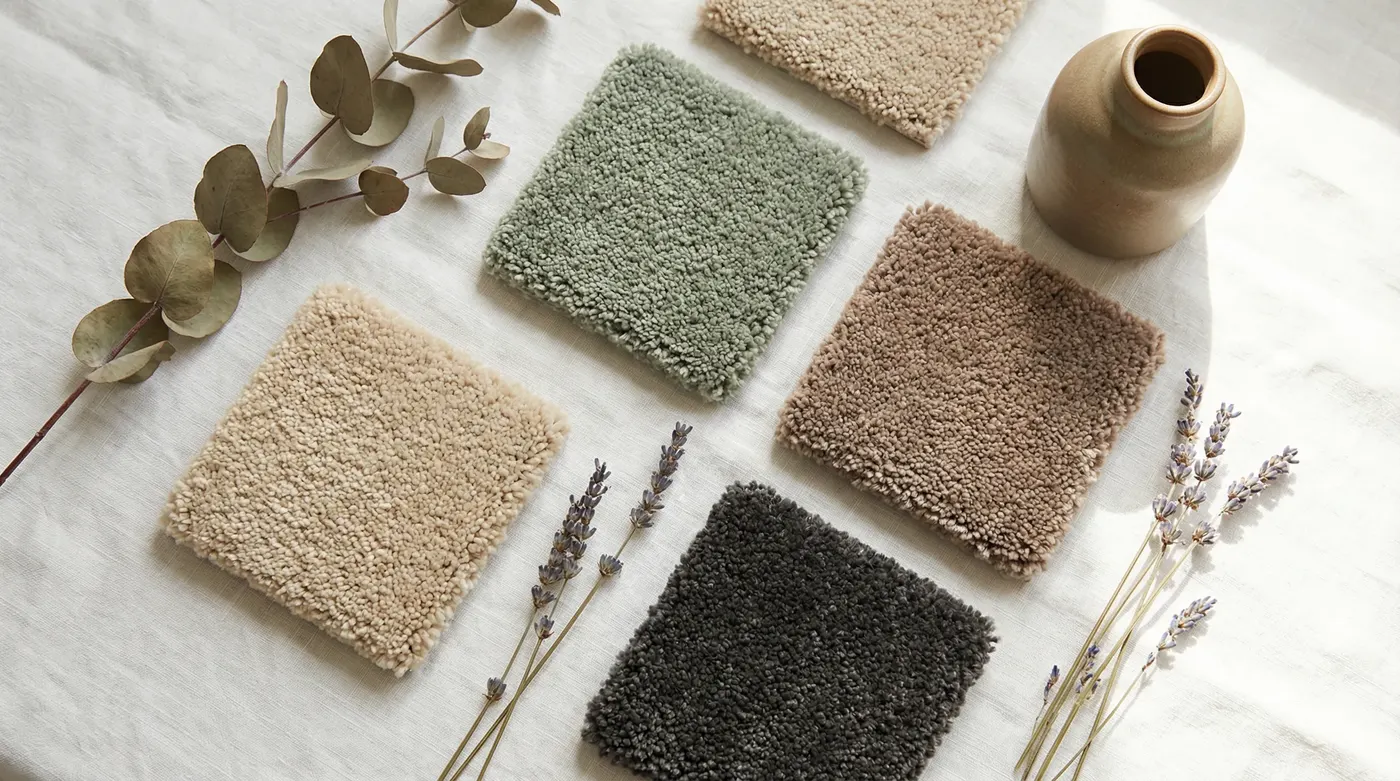 Carpet colour trend board for Melbourne 2026 — five carpet swatches in a curated arrangement showing warm oatmeal, warm stone, dusty sage, soft brown, and charcoal — photographed against a textured wh