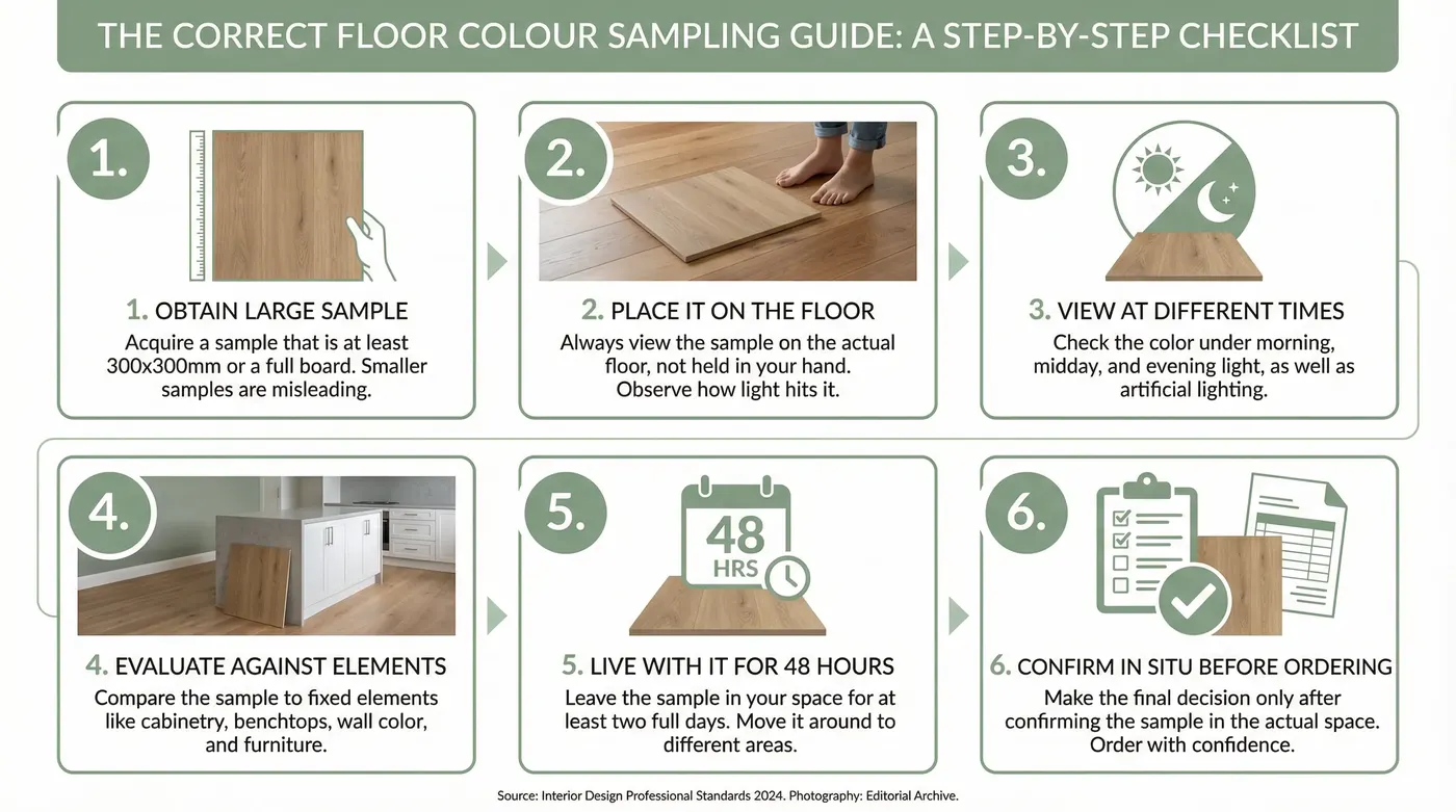 Step-by-step guide to correct floor colour sampling — illustrated checklist with six steps: obtain a large sample (min 300x300mm or a full board), place it on the floor (not in hand), view it at diffe