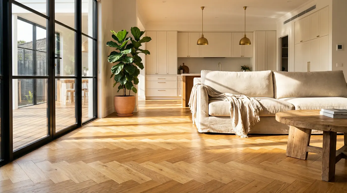 Wide-angle lifestyle shot of a light-filled Melbourne living room featuring European Oak wide-plank floors in a herringbone pattern, complemented by warm white cabinetry and linen upholstery