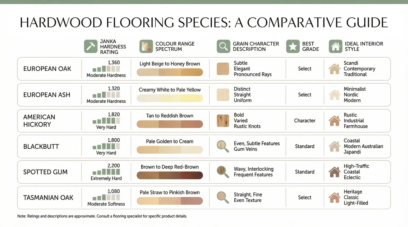 Species comparison chart — rows: European Oak, European Ash, American Hickory, Blackbutt, Spotted Gum, Tasmanian Oak; columns: Janka Hardness, Colour Range, Grain Character, Best Grade, Ideal Interior