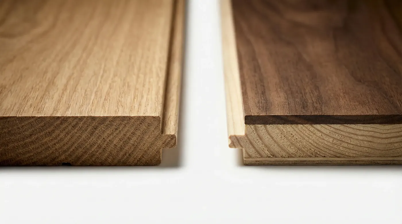 Cross-section diagram photography showing a single solid hardwood plank beside a 3-layer engineered plank — clean, technical, macro shot on white background