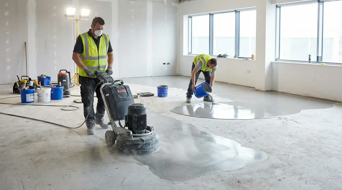 Wide-angle view of a concrete slab subfloor being ground and levelled prior to installation — diamond grinder in foreground, levelling compound being poured in background, clean technical site photogr