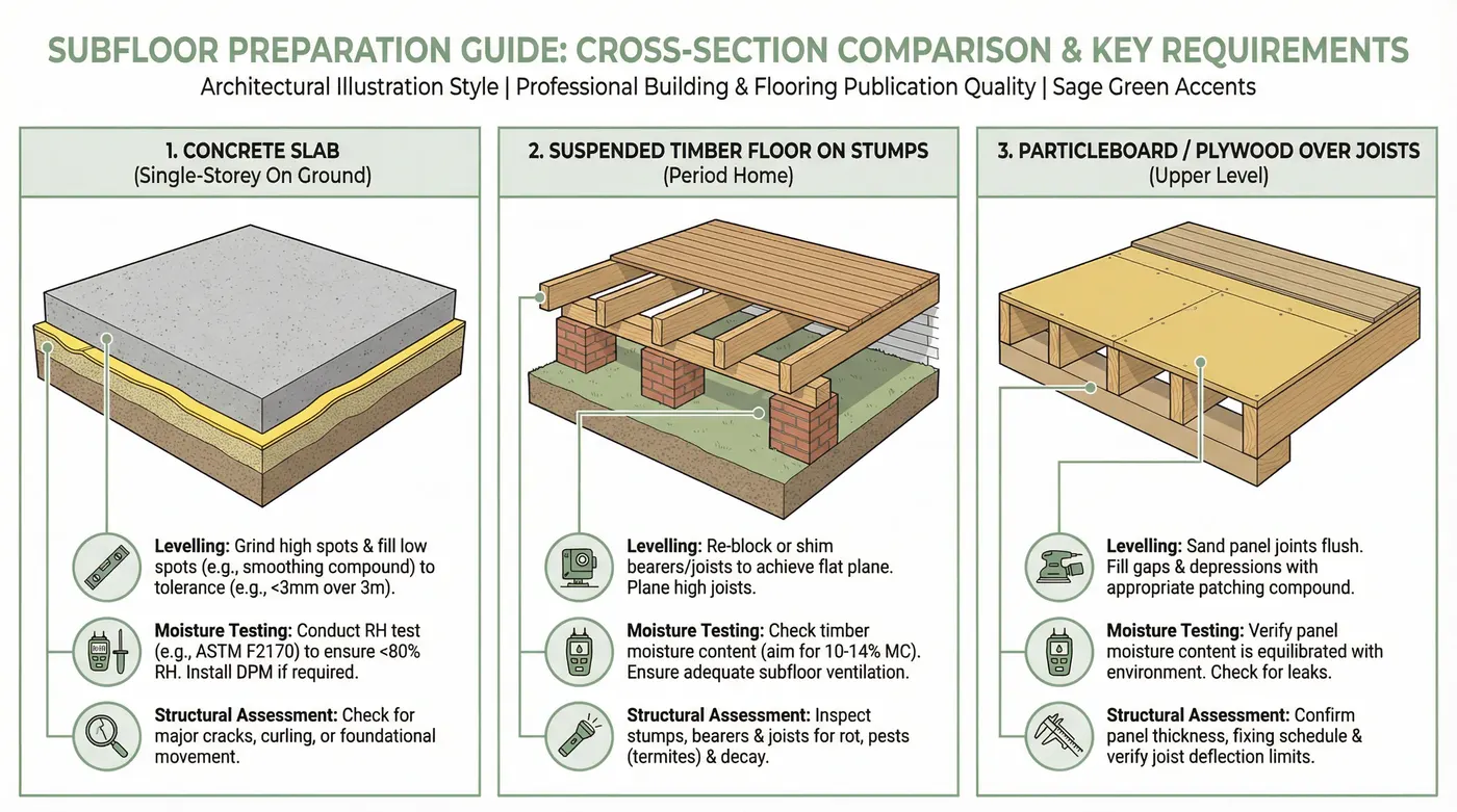 Illustrated cross-section comparison of three subfloor types — concrete slab (single-storey on ground), suspended timber floor on stumps (period home), and particleboard/plywood over floor joists (upp