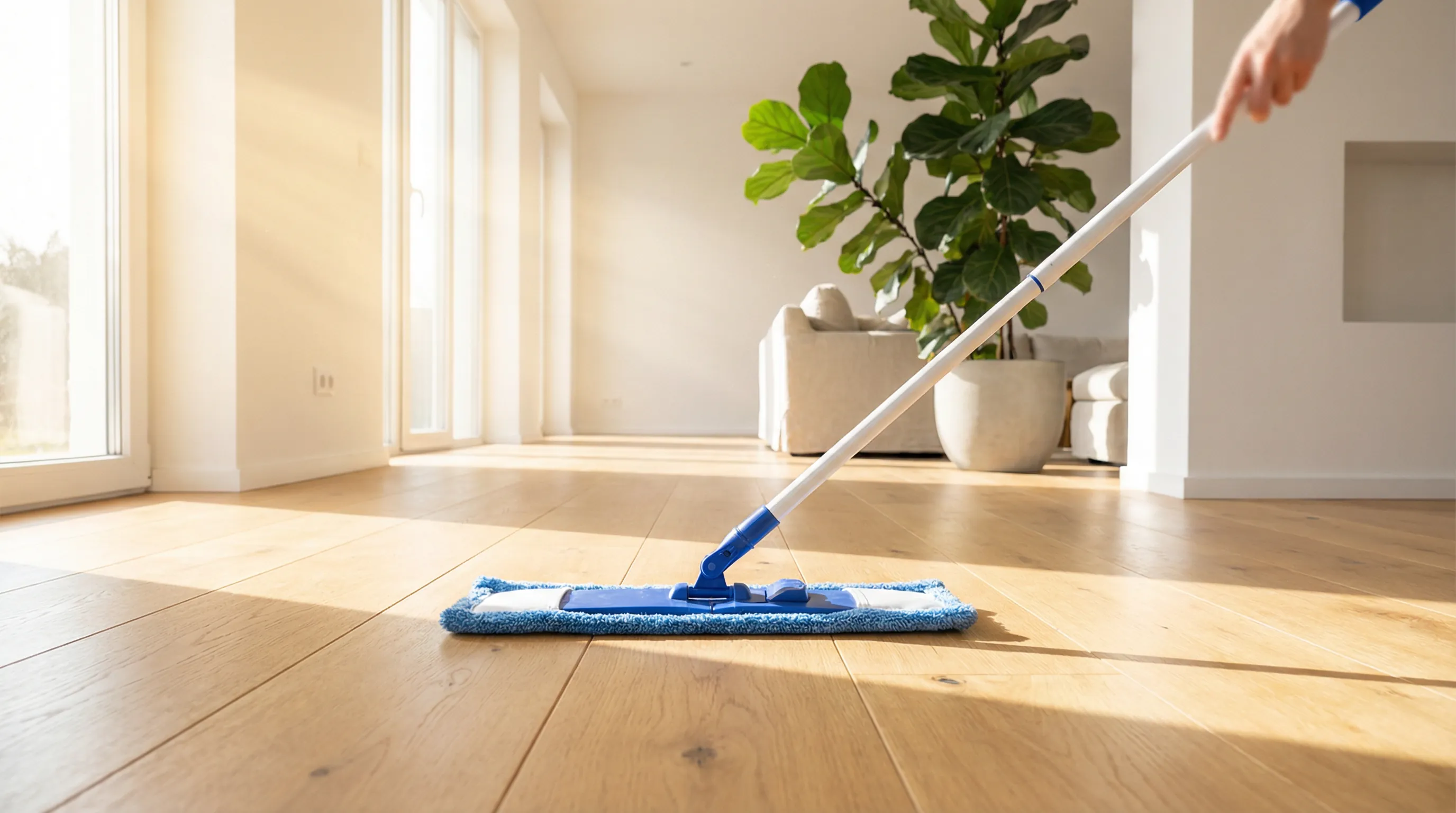 Microfibre mop on a wide-plank timber floor in a sunlit interior — clean, modern, wellness-adjacent lifestyle shot