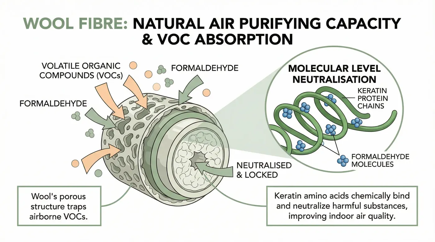 Diagram showing wool fibre cross-section with VOC absorption mechanism illustrated — keratin protein chains binding formaldehyde molecules — clean scientific-style graphic