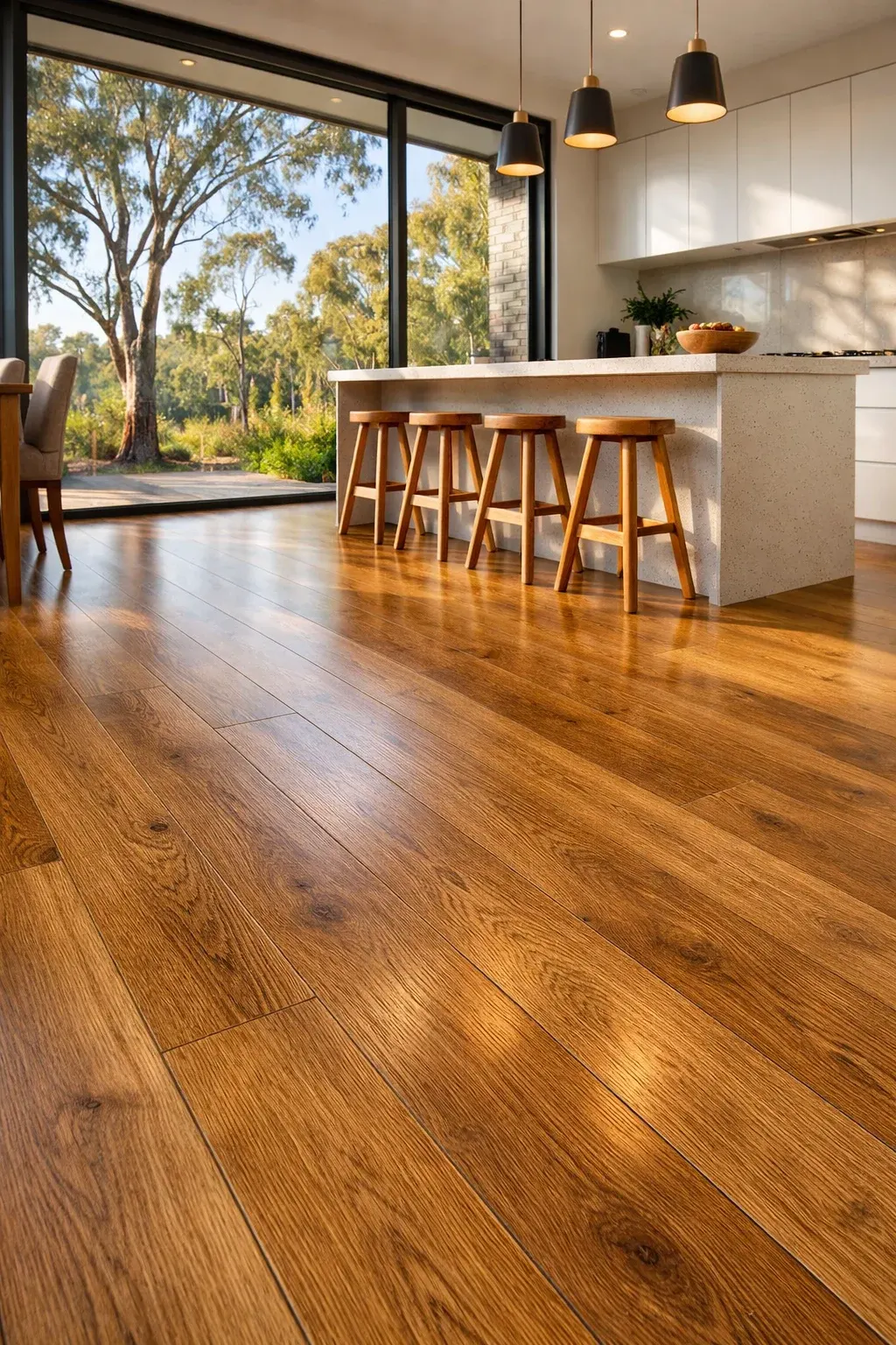Contemporary Australian kitchen with warm natural oak laminate flooring, stone island bench and pendant lighting