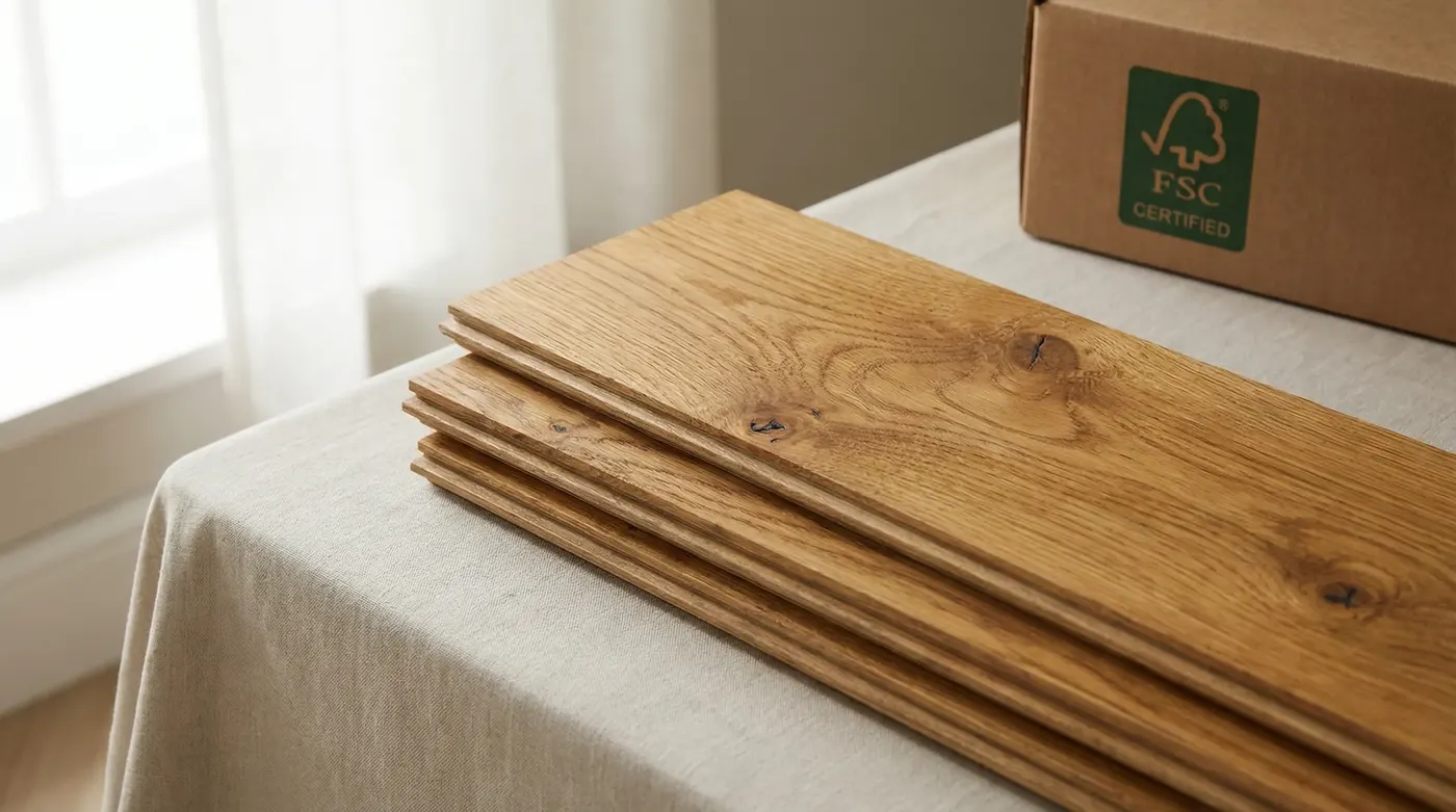 Close-up of natural European Oak engineered flooring showing visible grain, with an FSC certification label visible on the packaging behind — communicating the relationship between material beauty and