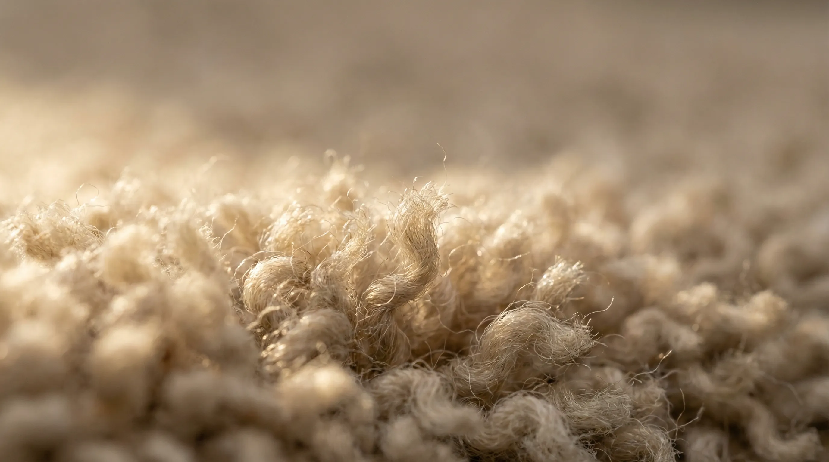 Close-up texture shot of a natural undyed wool carpet in an oatmeal palette — the fibre structure visible at the pile tips, communicating the natural origin of the material