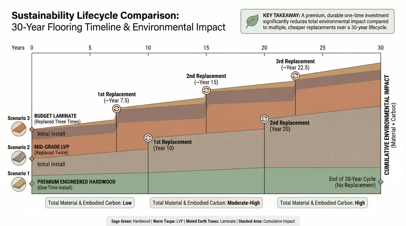 Lifecycle comparison graph — 30-year timeline showing total material consumption and embodied carbon for: (1) premium engineered hardwood, installed once; (2) mid-grade LVP replaced twice; (3) budget