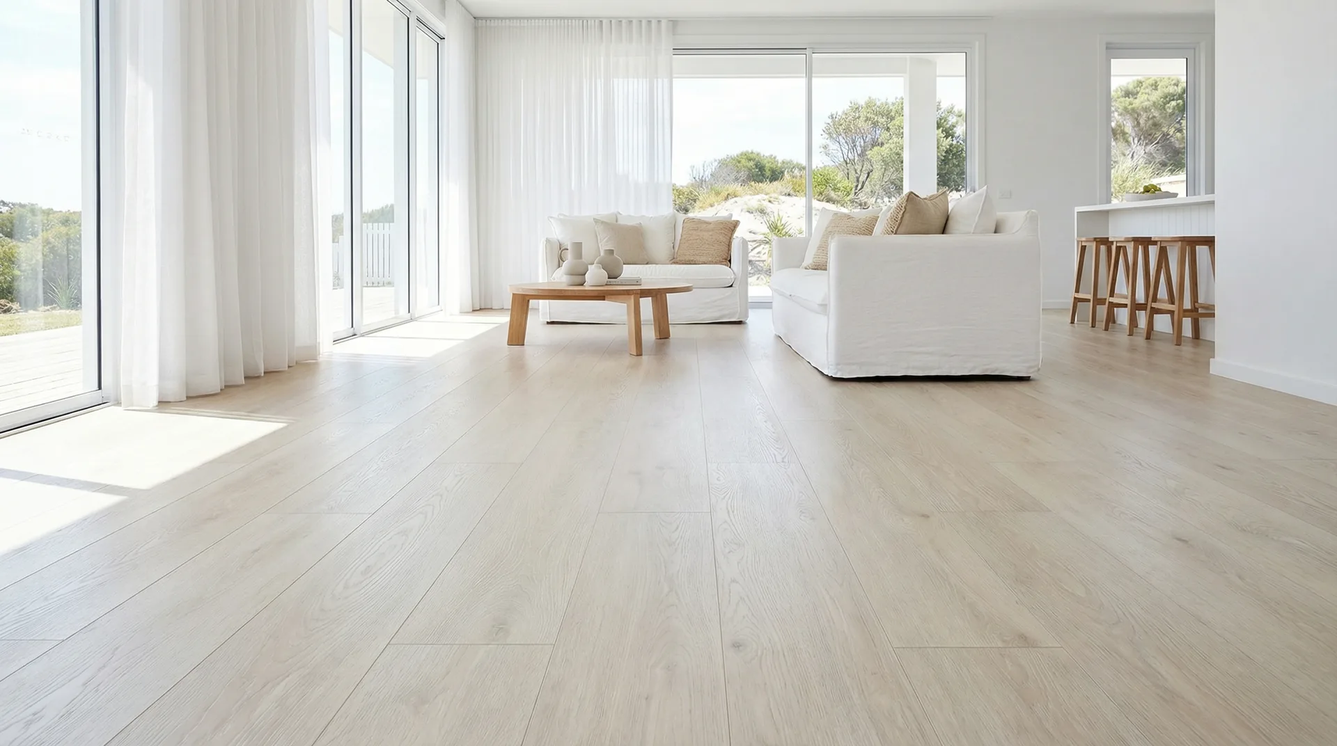 Modern living room with light hybrid flooring installed in a contemporary Australian home