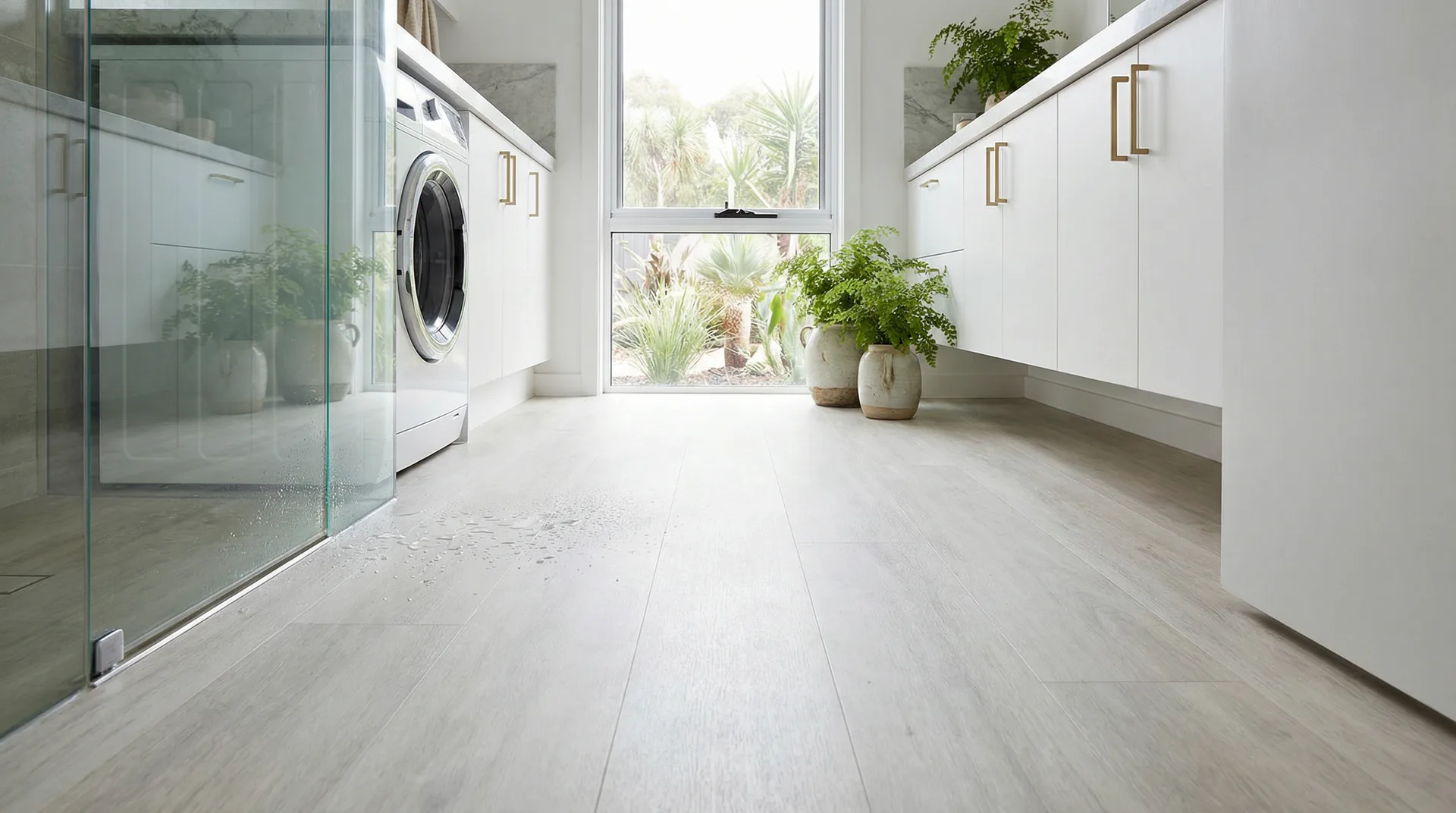 Light-toned vinyl plank flooring in a bright contemporary space