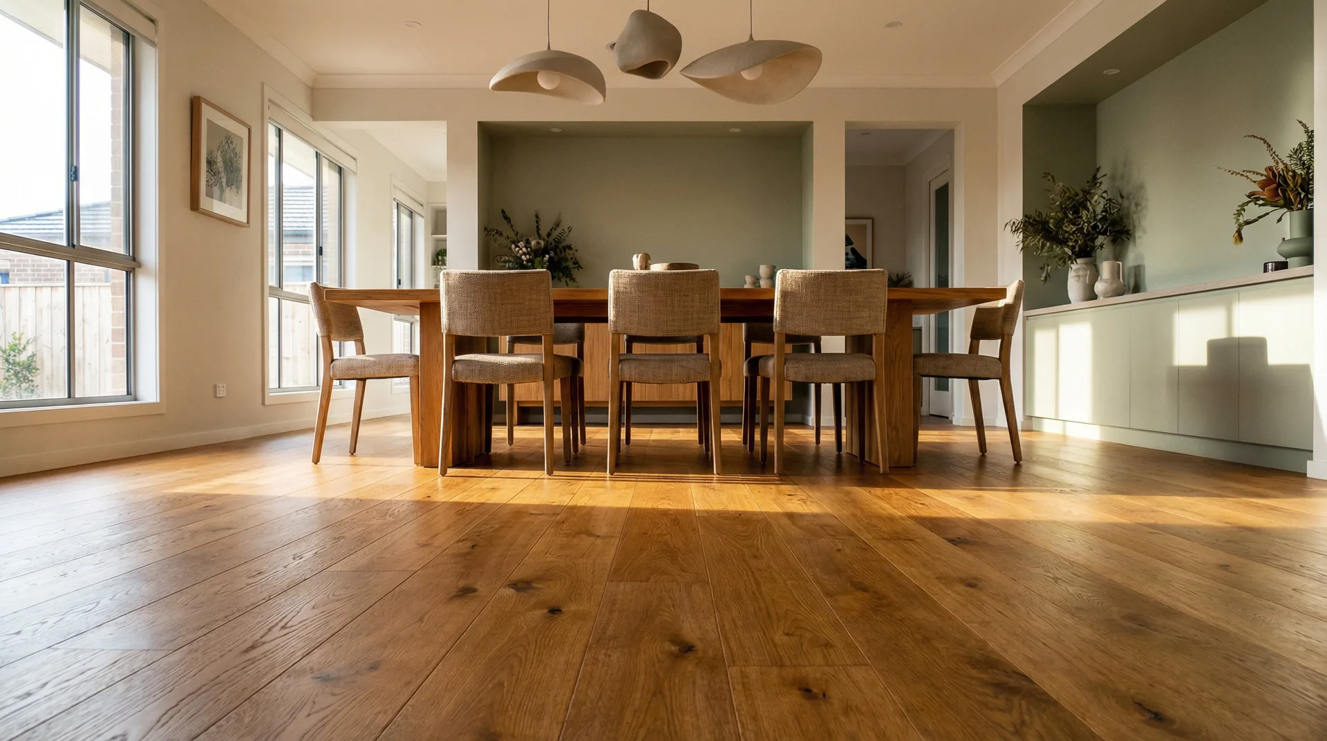 Close-up of mid-toned hybrid SPC flooring showing the dense rigid core structure